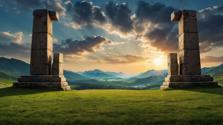 Ancient ruins of the temple at sunset in the mountains