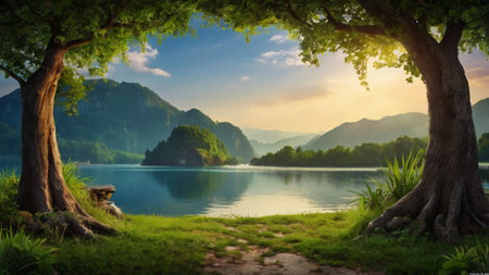 Panorama of the lake and mountains in the morning, Ratchaburi, Thailandの写真素材