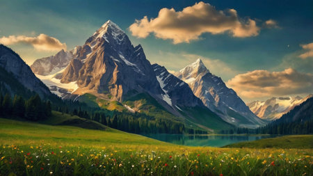 Beautiful mountain landscape. Panoramic view of the lake and the mountains.の写真素材