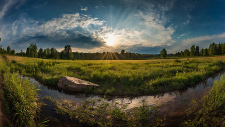 Sunset over a small river in the summer. Panorama.