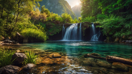 Beautiful waterfall in the forest. Summer landscape with a waterfall in the forest.