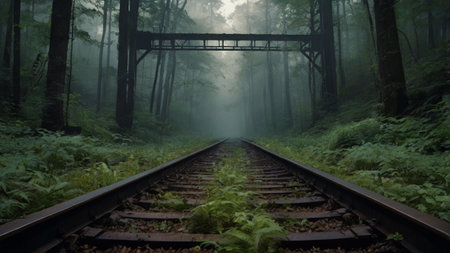 Railway in a misty forest with trees and fernsの写真素材