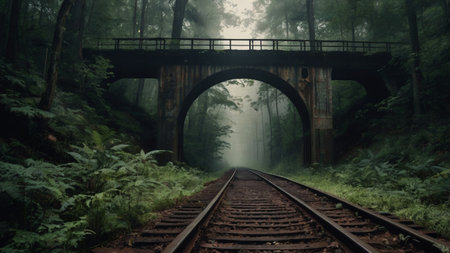 Railway in the misty forest with a bridge in the backgroundの写真素材