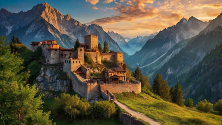 Panoramic view of the medieval castle in the mountains. Sunsetの写真素材