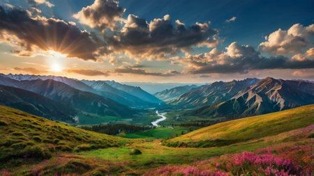 Mountain landscape at sunset. Panoramic view of the valley and the river.