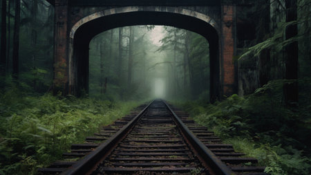 Abandoned railway in a foggy forest. 3d rendering