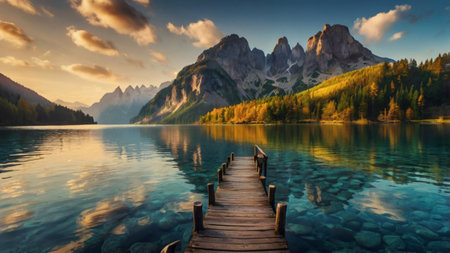 Wooden pier on lake in Dolomites, Italy. Panoramic viewの写真素材