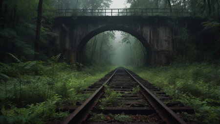 Railway in a foggy forest with a bridge in the backgroundの写真素材
