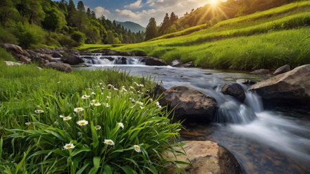 Mountain stream in the valley with grass and flowers at sunset.の写真素材