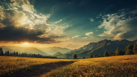 Mountain meadow at sunset. Dramatic sky. Beauty world.の写真素材