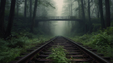 Railway in the foggy forest with a wooden bridge in the backgroundの写真素材