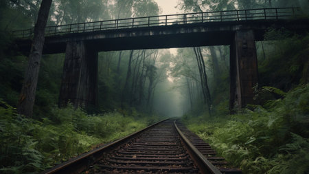 Railway in a foggy forest with a wooden bridge in the foreground
