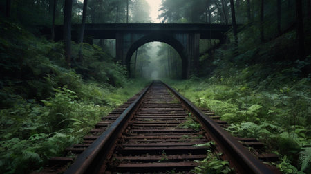 Railway in a foggy forest with a bridge in the backgroundの写真素材