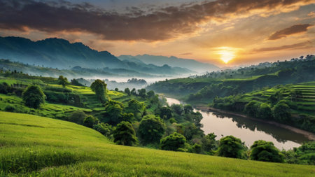 Panoramic view of rice terraces and river at sunrise.