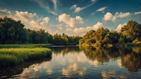 Beautiful landscape with river and forest. Panoramic view.