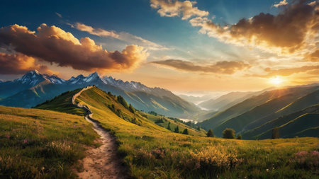 Beautiful summer landscape in the mountains. Sunrise in the mountains.の写真素材