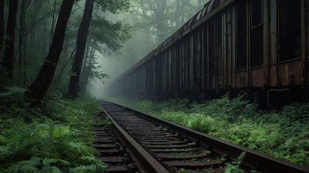 Railway tracks in the misty forest. Beautiful summer landscape.