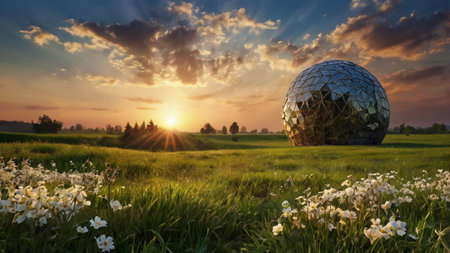 3d render of a globe on the field at sunset in springの写真素材