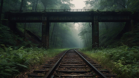 Railway in the misty forest. Railway in foggy forest.の写真素材