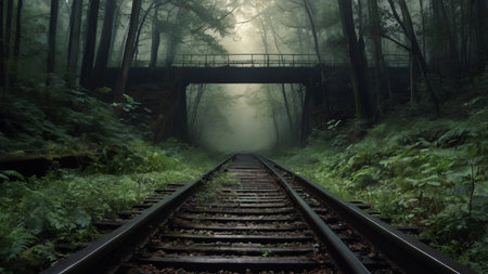 Railway in the forest at foggy day. 3d renderingの写真素材