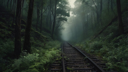 Railway in the misty forest, Doi Inthanon National Park, Chiang Mai, Thailandの写真素材