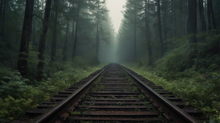 Railway in the foggy forest at sunrise. Beautiful landscape.