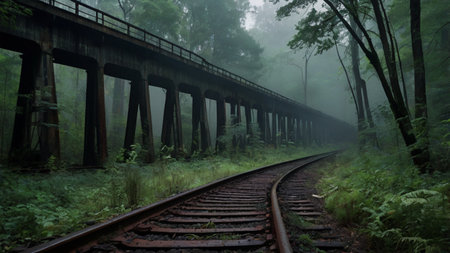 Railway bridge in the misty morning at Doi Inthanon National Park, Chiang Mai, Thailandの写真素材