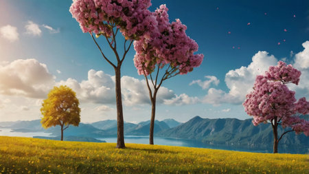 Cherry blossom tree on meadow with lake and mountains in backgroundの写真素材