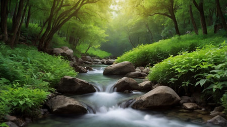 Mountain stream in the forest. Natural landscape with river and trees.