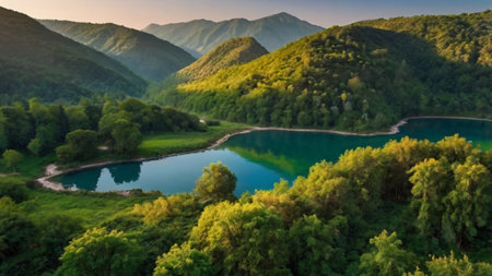 Aerial view of beautiful lake in mountains at sunset. Beautiful summer landscape.の写真素材