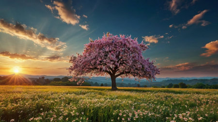 Beautiful spring landscape with blooming tree in the meadow at sunsetの写真素材