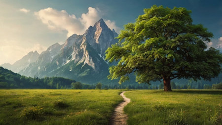 Majestic mountain landscape with meadow and tree. Dramatic sky.の写真素材