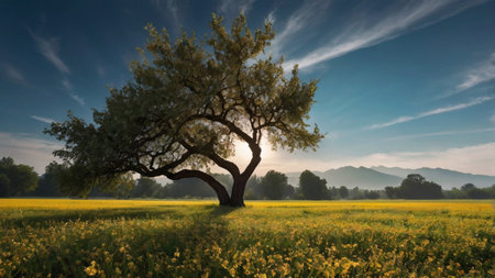 Old oak tree in the field with yellow flowers. Summer landscape.の写真素材