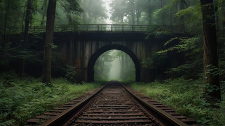 Railway in the forest in the morning mist. 3d renderの写真素材