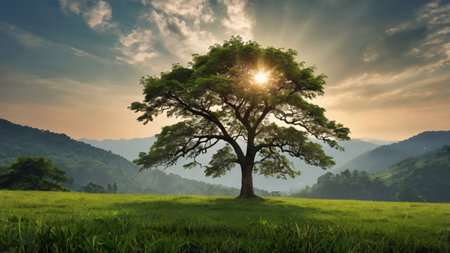 Lonely tree in the meadow at sunrise. Nature background