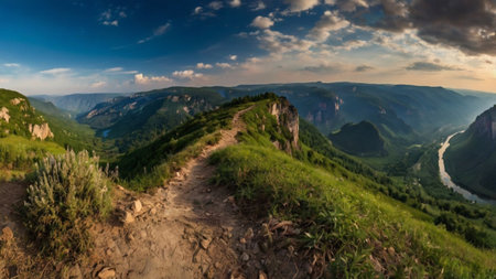 Beautiful summer landscape. Panorama of the mountains and the riverの写真素材