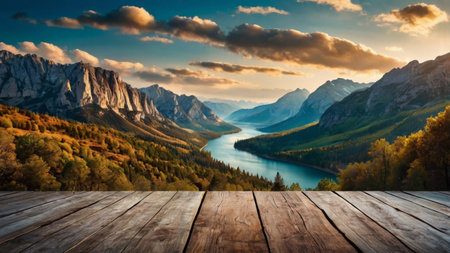 Wooden floor on the background of mountains and lake. Autumn landscape.の写真素材
