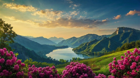 Beautiful summer landscape with rhododendron flowers on the background of mountains and lakeの写真素材