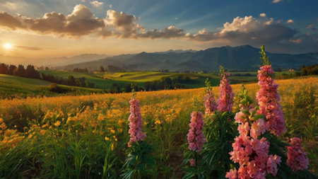 Sunset over meadow with pink lupine flowers and mountains in background