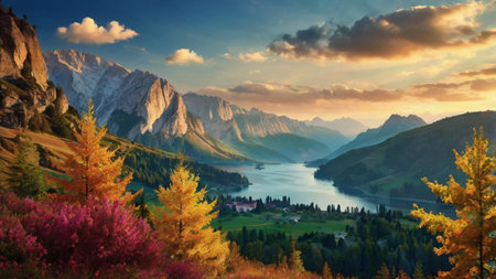 Colorful autumn landscape with lake and mountains. Composition of nature.の写真素材