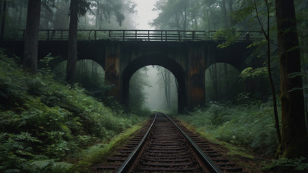 Railway bridge in a misty forest with trees in the backgroundの写真素材