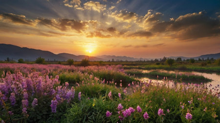 Sunset over the river with flowers in the foreground and mountains in the backgroundの写真素材