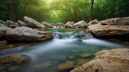 Mountain river flowing through the forest with rocks and green foliage.