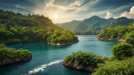 panoramic view of the turquoise waters of the riverの写真素材