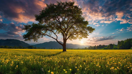 Sunset over a meadow with yellow flowers and a big tree