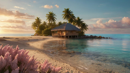 Tropical beach with bungalows and palm trees at sunsetの写真素材