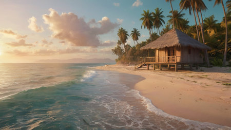 Tropical beach with wooden bungalows and palm trees at sunsetの写真素材