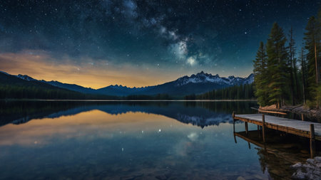Mountain lake at night with starry sky and milky way