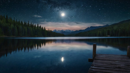 Lake in the mountains at night with starry sky and moon.の写真素材