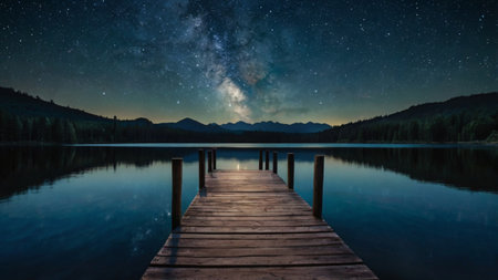 Milky Way over a lake at night with a wooden jettyの写真素材